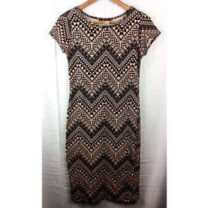 Short Sleeved, Bodycon, Midi, Tribal Print Dress